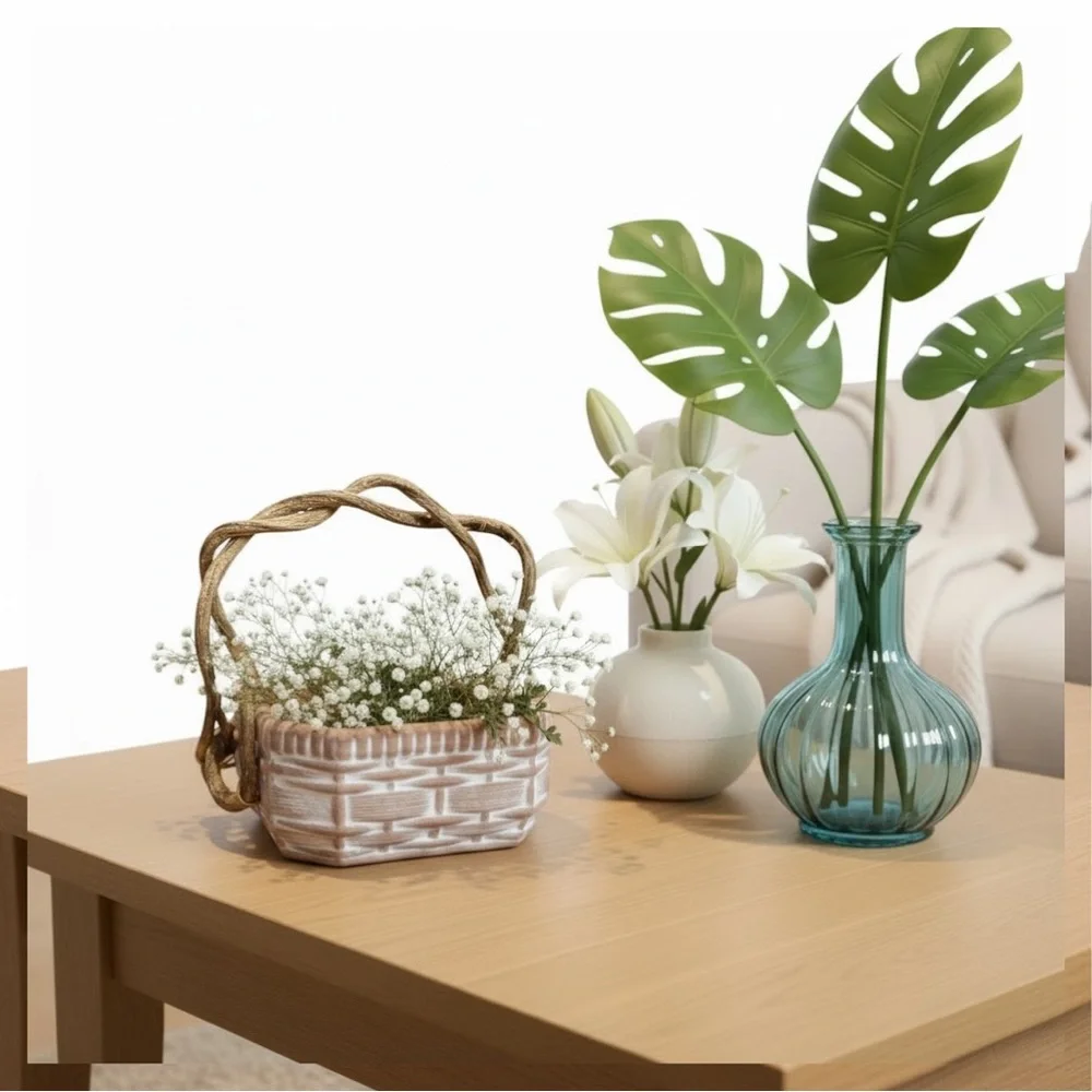 White Wash Basket Ceramic Rustic Terracotta With Real Vine Handles. 8x7x6